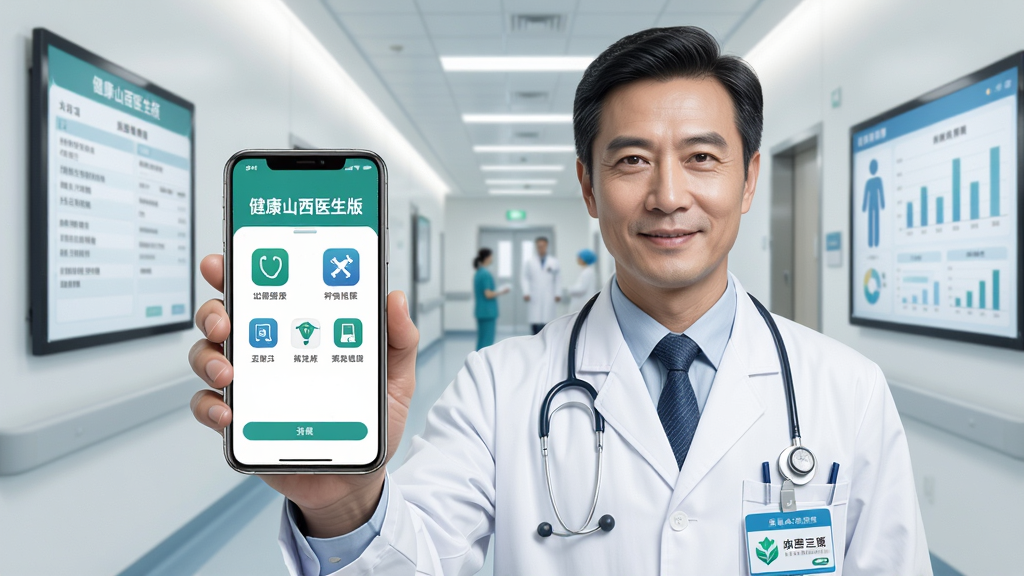 主体为一位穿白大褂的男医生手持手机站在现代医院走廊中,手机屏幕显示“健康山西医生版”主界面,背景有电子病历和患者图表,布局干净整洁,排版突出手机屏幕内容,风格写实明亮,细节包括医生胸牌、手机界面图标清晰可辨,画质高清,干净无多余元素