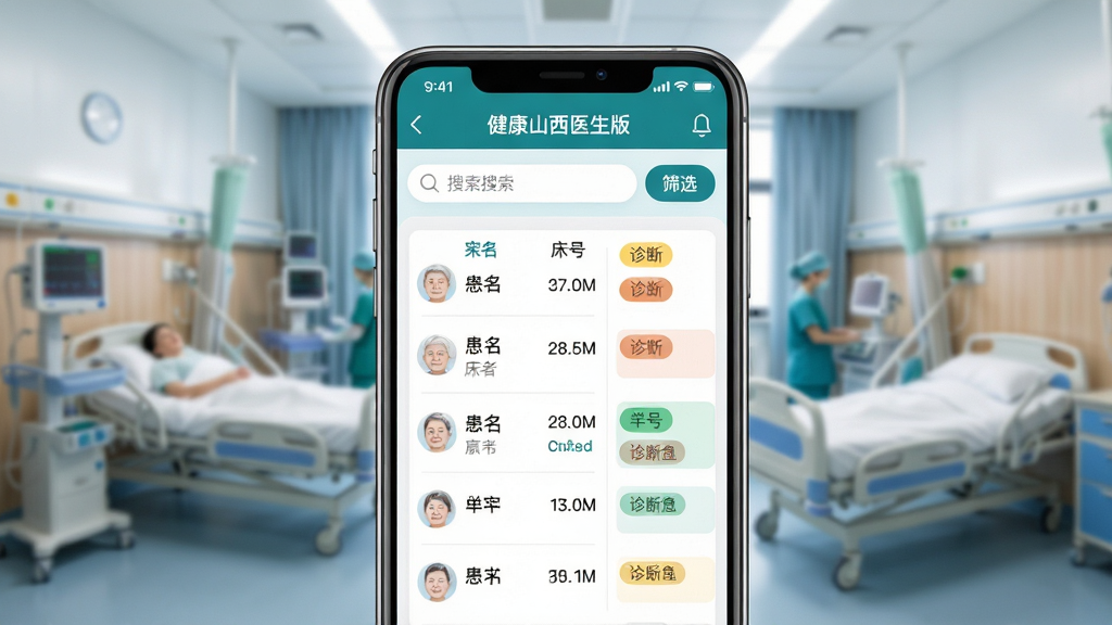 手机屏幕展示“健康山西医生版”的患者列表界面,包含患者姓名、床号、诊断标签,顶部有搜索栏和筛选按钮,背景是模糊的医院病房环境,布局简洁,排版清晰,风格现代医疗风,细节包括分色块标示不同状态,画质高清,干净无多余元素