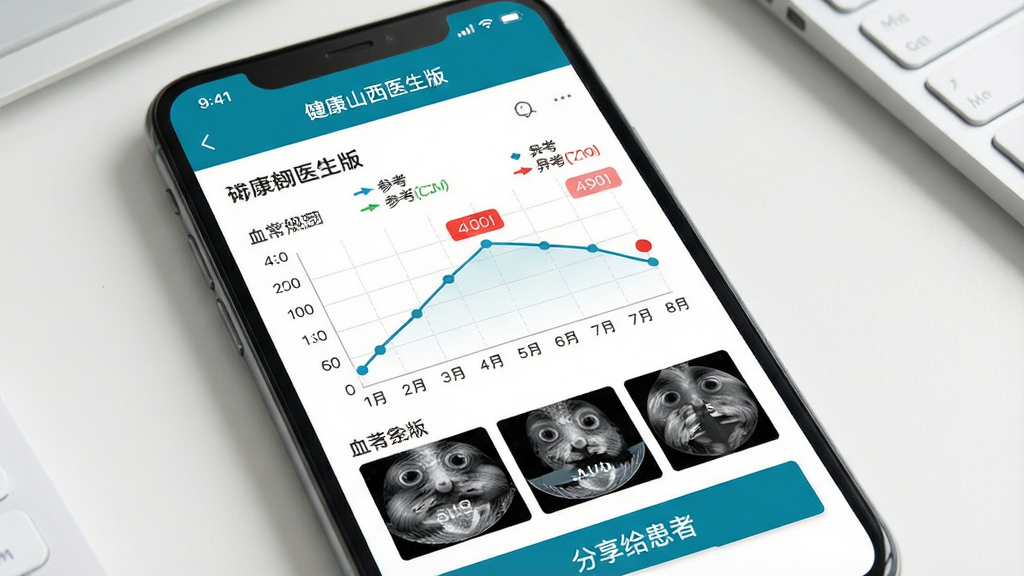 手机屏幕显示“健康山西医生版”的报告详情页,包含血常规指标折线图、影像缩略图,底部有“分享给患者”按钮,背景为简洁桌面,布局清爽,排版信息层级分明,风格医疗数据可视化,细节包括参考范围标注和异常值红色高亮,画质高清,干净无多余元素