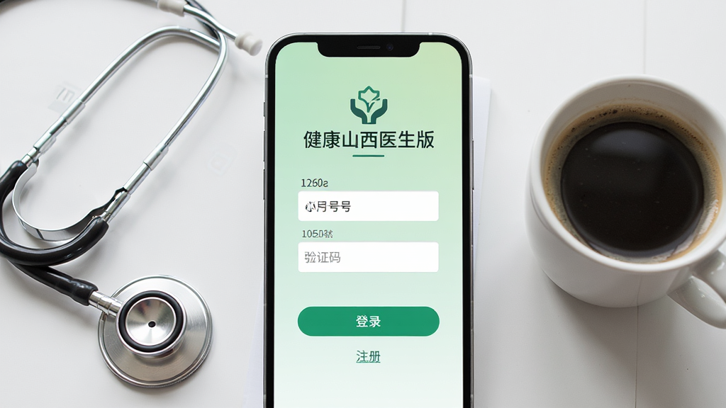 一部手机竖屏显示“健康山西医生版”的登录页面,背景为浅绿色渐变,屏幕中央有手机号和验证码输入框,下方有“登录”按钮和“注册”链接,手机旁边放着一副听诊器和一杯咖啡,布局简洁,排版居中,风格清新医务,细节包括屏幕中的图标和文字清晰可见,画质高清,干净无多余元素