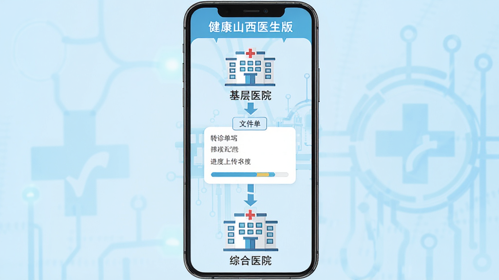 一部手机展示“健康山西医生版”的双向转诊流程图,上方为基层医院图标,下方为综合医院图标,中间有箭头连接,界面有转诊单填写表单,背景为浅蓝色医疗科技感,布局居中对称,排版清晰,风格扁平化,细节包括文件上传按钮和进度条,画质高清,干净无多余元素
