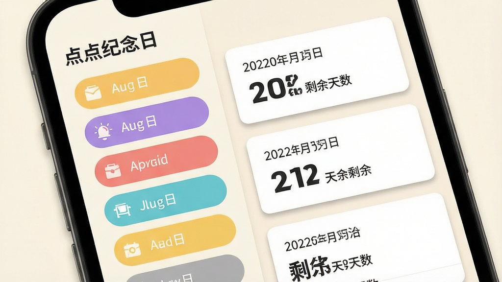 主体:手机屏幕放大展示“点点纪念日”的分类管理界面,左侧是分类列表,右侧是对应分类下的纪念日卡片。布局:左右分栏式,左侧为彩色圆角标签,右侧为卡片信息流,背景为淡雅米白色。排版:分类标签垂直排列,每个标签带有小图标,右侧卡片显示日期与剩余天数,字迹清晰。风格:扁平化设计,色彩柔和,界面简洁大气。细节:选中分类时标签高亮,卡片边缘有微阴影,日期数字加粗显示。画质:高清,干净,无多余元素。