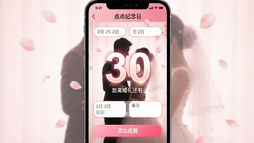 主体:手机屏幕显示“点点纪念日”的倒数日计算页面,中央一个大大的数字“30”,下方标注“距离婚礼还有”,背景是婚纱照剪影。布局:数字居中,上下方分布着日期输入框和备注栏,整体对称。排版:数字采用超大字体,底部有“添加提醒”按钮,按钮为粉色渐变。风格:浪漫温馨风,粉色与白色主调,光影柔和。细节:数字“30”带有微光效果,背景有淡色花瓣飘落,日期输入框有圆角边框。画质:4K超清,干净,无多余元素。