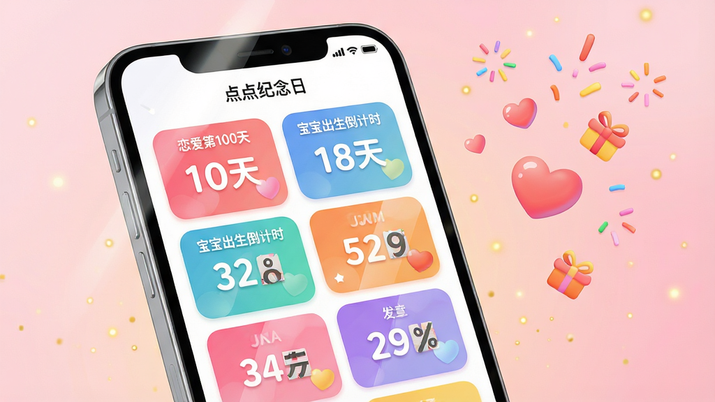 主体:一部亮屏的智能手机,屏幕中央显示“点点纪念日”App主界面,界面中有多个彩色日期卡片,上方有“恋爱第100天”“宝宝出生倒计时”等字样。布局:手机居中偏左,右侧漂浮着爱心与礼花图标,背景为柔和的渐变粉色。排版:卡片式列表错落有致,日期数字大而醒目,整体信息层级清晰。风格:清新插画风,色彩明快,圆角元素,画面干净通透。细节:手机屏幕反射微光,卡片上的日期数字清晰可辨,背景中有细碎的金色光点。画质:8K超清,干净,无多余元素。