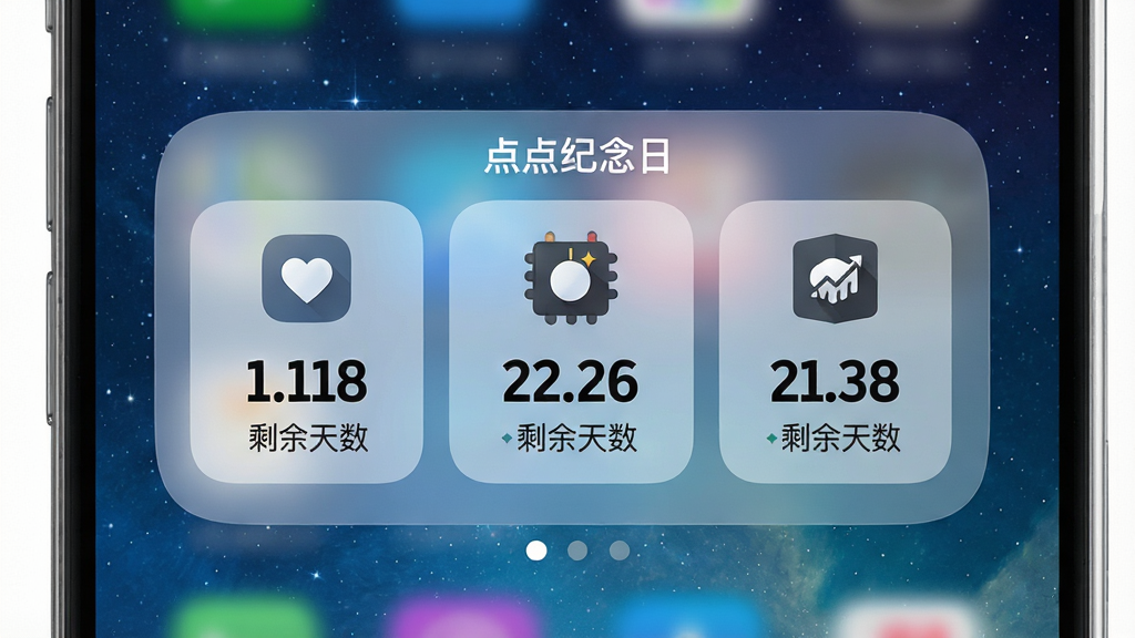 主体:手机桌面截图,桌面中央放置“点点纪念日”的小组件,组件内显示三个纪念日卡片,每个卡片有图标和日期。布局:小组件居中,手机桌面背景为蓝色星空,组件周围有留白。排版:组件内三个卡片横向排列,每个卡片上方是图标,下方是日期和剩余天数。风格:简洁商务风,组件底色为半透明磨砂玻璃效果,字体白色。细节:组件边缘有圆角,卡片上的图标清晰,日期数字采用加粗无衬线字体。画质:高清,干净,无多余元素。