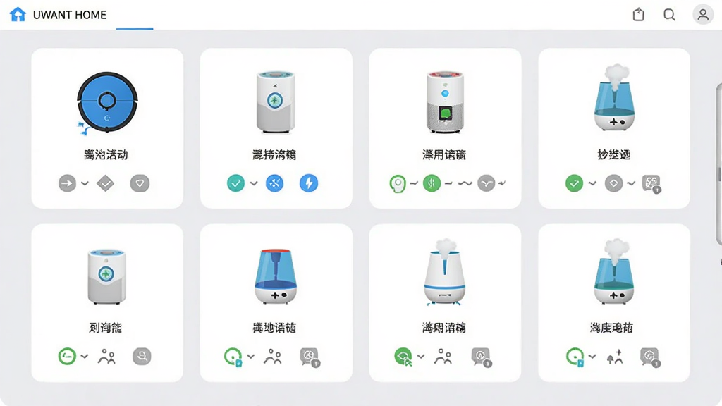 UWANT HOME软件的多设备管理界面截图,展示扫地机器人、空气净化器、加湿器等多个设备的控制卡片,界面采用卡片式布局,浅灰底色,图标色彩鲜明,文字标签清晰,画质高清,整体风格干净整洁,无多余元素。