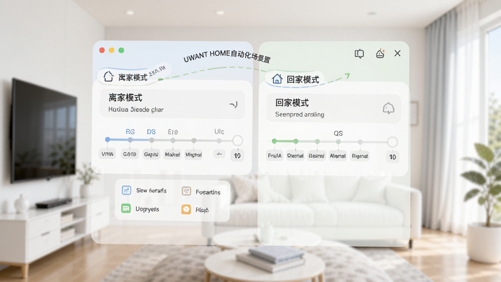 UWANT HOME自动化场景设置界面,展示用户自定义的“离家模式”和“回家模式”编辑页面,时间轴与触发条件清晰可见,背景为明亮简洁的智能家居环境,界面风格清爽,色彩柔和,画质清晰,无多余元素。