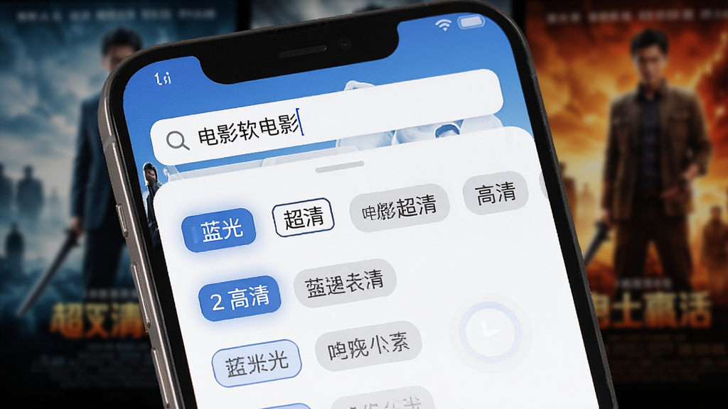 小蓝软件搜索功能演示,手机屏幕显示搜索框输入电影名称,下方列出多个清晰度标签如蓝光、超清、高清,每个标签对应不同线路,背景为模糊的电影海报,界面清爽,细节丰富,画质干净