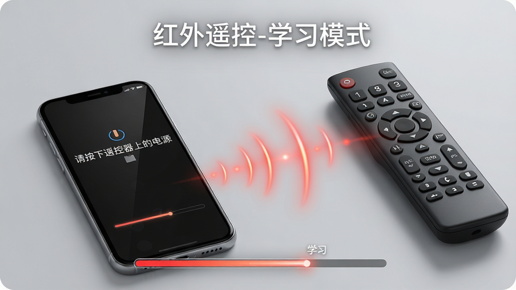 主体:一部手机正在“学习”一个传统遥控器的按键信号,两者之间有一条虚拟的红外线连接。布局:手机在左侧,遥控器在右侧,中间有动态波纹表示红外信号传输。排版:屏幕上方显示“红外遥控-学习模式”,下方有进度条。风格:写实与科技感结合,背景为浅灰色。细节:手机屏幕中显示“请按下遥控器上的电源键”提示文字。画质:细腻光影,干净背景