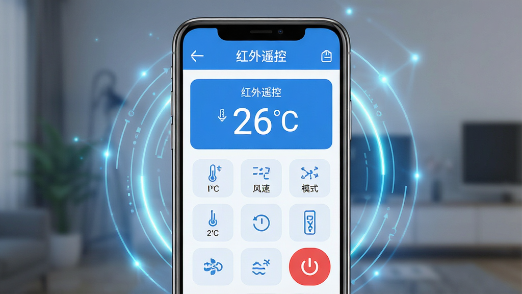 主体:一款名为“红外遥控”的智能手机应用界面,手机屏幕展示空调遥控器控制面板,包含温度、风速、模式等按键。布局:手机居中,屏幕内容清晰可见,周围有简约的科技感光效。排版:应用界面从上到下依次为品牌区、温度显示区、功能按键网格区。风格:扁平化设计,色彩以蓝白为主,搭配红色电源键。细节:屏幕上的文字标签为“红外遥控”,温度显示为“26℃”,按键图标清晰。画质:高清渲染,干净无多余元素