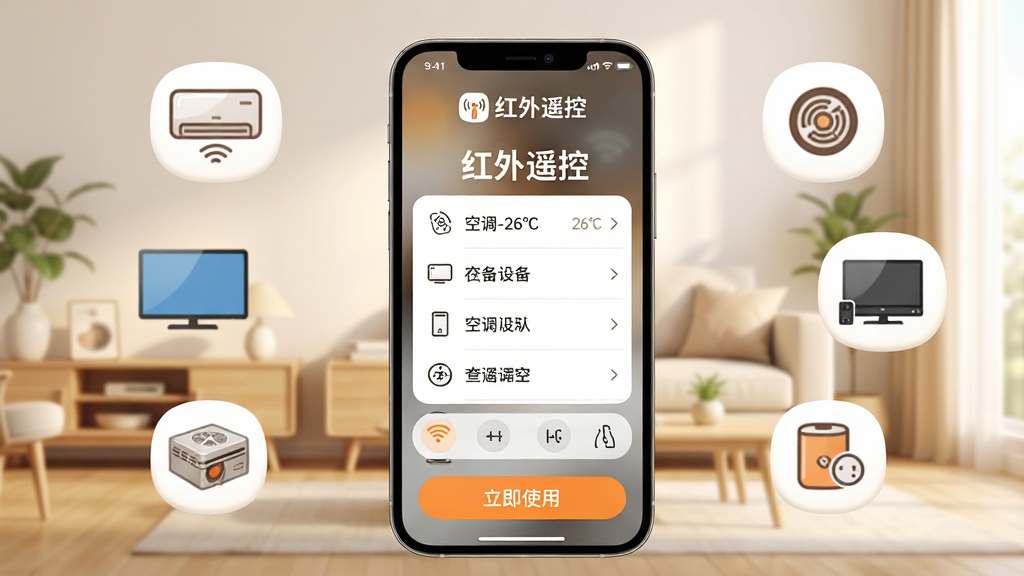 主体:一部手机显示“红外遥控”主界面,旁边有空调、电视等图标,背景为简约客厅。布局:手机居中,周围有家电图标环绕,底部有“立即使用”按钮。排版:屏幕上方为“红外遥控”logo,中部为设备列表,下方为功能按钮。风格:清新明亮,暖色调。细节:手机屏幕中可见“空调-26℃”等字样。画质:高清渲染,干净整洁