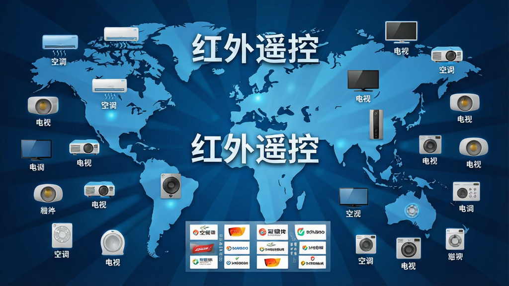 主体:一张世界地图背景,上面分布着各种家电图标,如空调、电视、投影仪等,中央有“红外遥控”字样。布局:地图居中,家电图标环绕分布,整体呈放射状。排版:标题“红外遥控”位于中心上方,下方为品牌logo墙。风格:商务科技风,蓝色调。细节:每个家电图标下方有小型文字标签,如“空调”、“电视”。画质:高清晰度,无多余元素