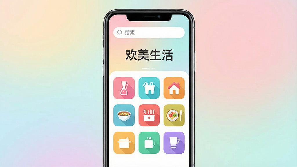 一张现代简约风格的手机应用界面展示图,屏幕中央显示“欢美生活”应用主页面,上方是搜索栏,下方以九宫格形式排列着美容、家政、美食等彩色图标,背景为柔和的渐变色,整体布局清晰,画质干净,无多余元素,突出“欢美生活”品牌字样。