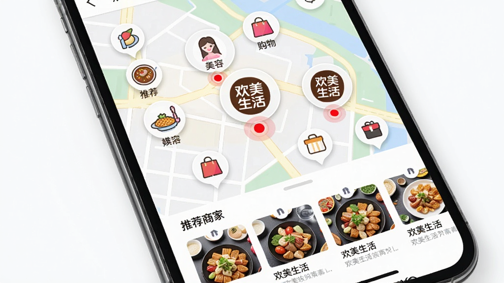 一幅手机定位地图界面,地图上散布着美食、美容、购物等小图标,其中几个图标带有“欢美生活”品牌标志,并用红点标记出推荐位置,下方有推荐商家的卡片滑动列表,界面风格明亮清晰,画质细腻,干净无杂物。