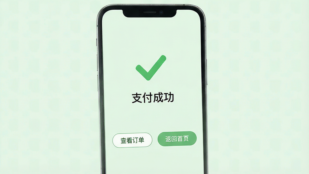 一张展示手机应用内支付成功页面的截图,屏幕中央显示绿色的对勾和“支付成功”字样,下方有“查看订单”和“返回首页”两个按钮,页面背景为淡绿色,风格简洁清晰,画质干净,无多余元素。