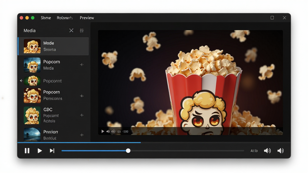 Popcorn 软件主界面预览图,主体为深色极简播放器窗口,布局为顶部菜单栏、左侧媒体库列表、右侧大尺寸视频预览区,排版清晰,风格现代科技感,细节包含播放进度条与音量控制图标,画质高清干净,无多余元素