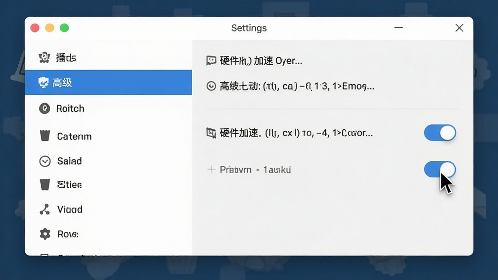 Popcorn 播放器设置界面图,主体为设置窗口,布局为左侧功能列表选中