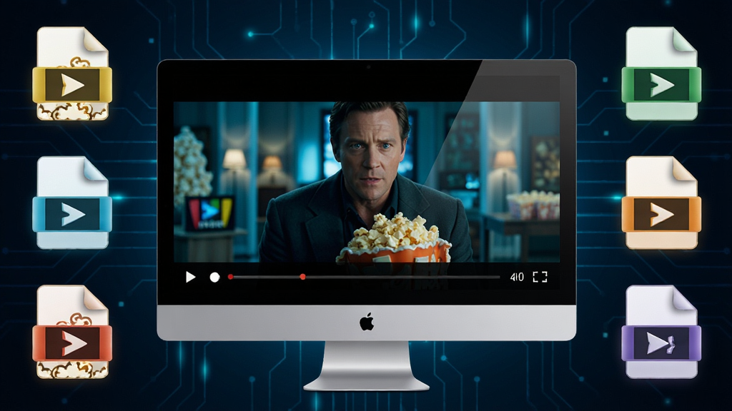 Popcorn 格式解码功能展示图,主体为电脑屏幕中播放着高清电影画面,布局为屏幕中央是播放画面,周边环绕多种视频文件格式图标,排版整齐,风格科技感,细节包含画面色彩鲜艳、格式图标清晰,画质细腻干净,无多余元素