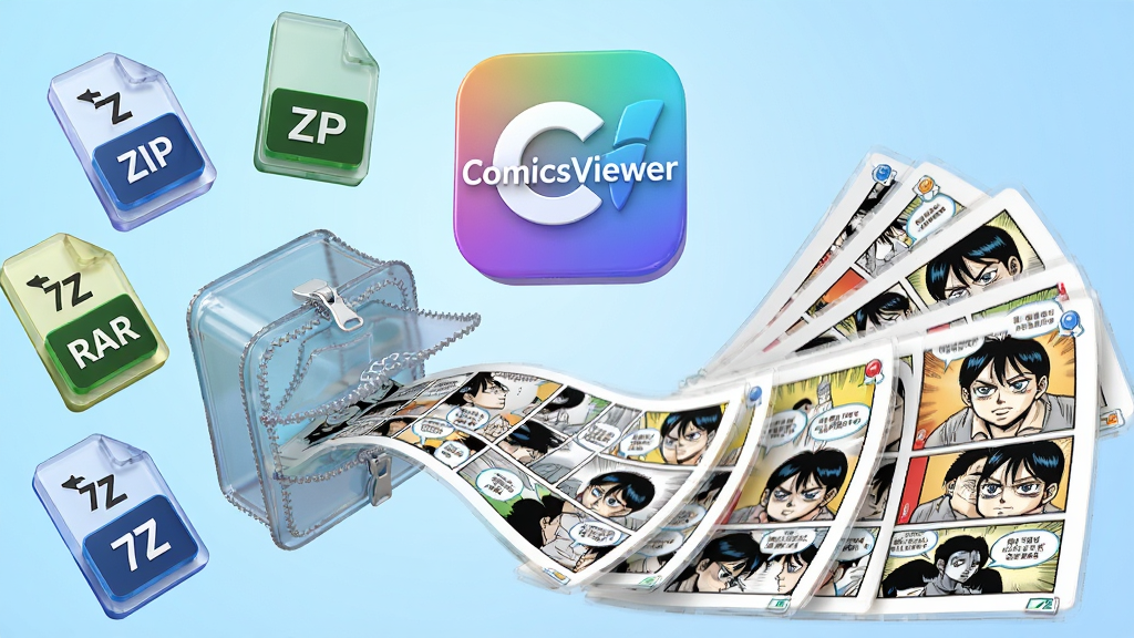 主体:ComicsViewer软件logo和几个压缩包文件图标(ZIP、RAR、7Z格式)悬浮在周围,其中一个压缩包被打开,内部漫画页面像瀑布一样流出。布局:压缩包图标在左侧,打开的漫画页面向右侧延展,形成视觉动线。排版:软件logo置于中心偏上,压缩包图标环绕四周,漫画页面呈扇形展开。风格:3D渲染风格,色彩明亮,透明玻璃质感。细节:压缩包拉链细节清晰,漫画页面上的格子与对白气泡可辨,背景为浅蓝色渐变。画质:高清,干净,无多余元素。