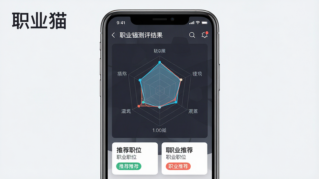 一张展示职业猫软件核心界面的高清宣传图,主体是智能手机屏幕,屏幕上显示着清晰的职业锚测评结果雷达图与职业推荐卡片,布局居中,排版整洁,风格现代简约,细节包含图表数据和推荐职位标签,画质清晰干净,无多余元素,图片上带有“职业猫”字样