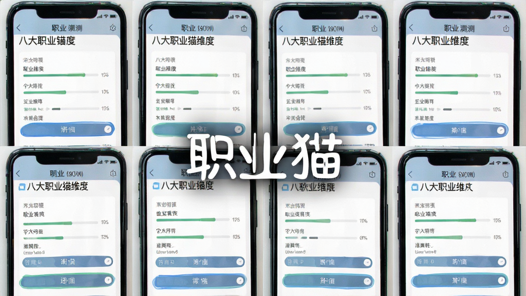 职业猫软件功能特色展示图,主体是手机应用内八大职业锚维度的测评界面截图拼贴,布局为多宫格排版,风格简洁清晰,细节展示各个维度的进度条与选项按钮,画质高清,干净无多余元素,图片上带有“职业猫”字样