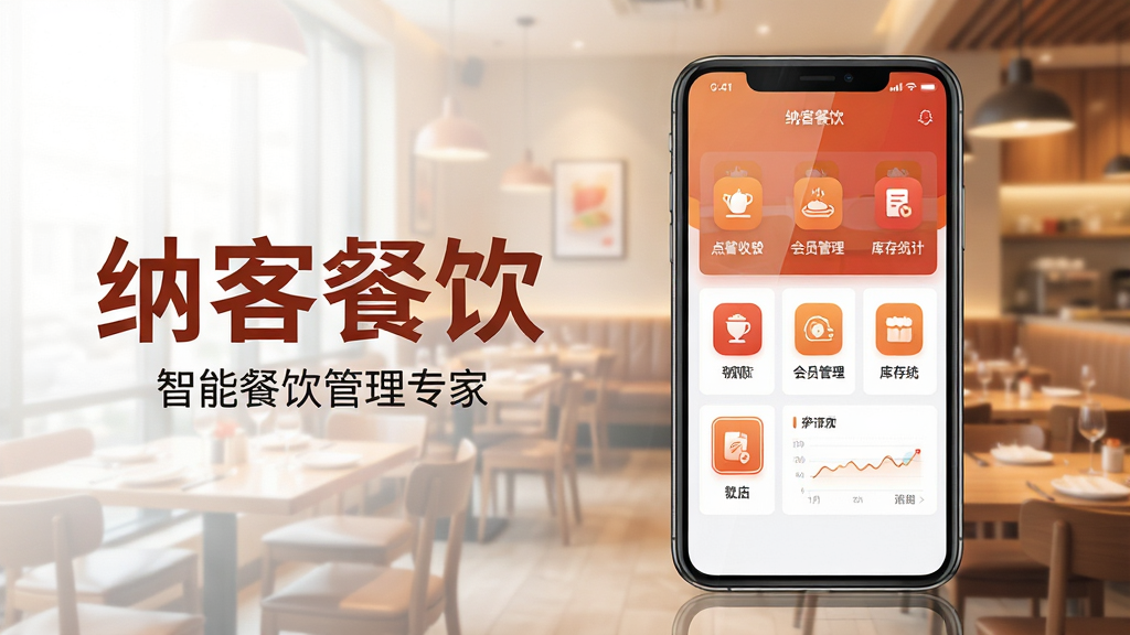 主体:纳客餐饮软件界面在手机或平板上的展示,屏幕中显示点餐收银、会员管理、库存统计等功能模块的UI界面,界面简洁现代,采用暖色调(橙色或红色)为主色,背景为虚化的餐厅环境,桌椅整齐,灯光温馨。布局:软件界面居中偏右,周围留白,左侧配以“纳客餐饮”四个大字的艺术字,下方一行小字“智能餐饮管理专家”。排版:界面图标排列整齐,每个图标下方配有中文标签,整体层次分明。风格:扁平化设计,细节丰富,手机屏幕反光效果自然,画面干净整洁,无多余元素。画质:高清渲染,色彩饱满,光影柔和,体现专业与品质感。
