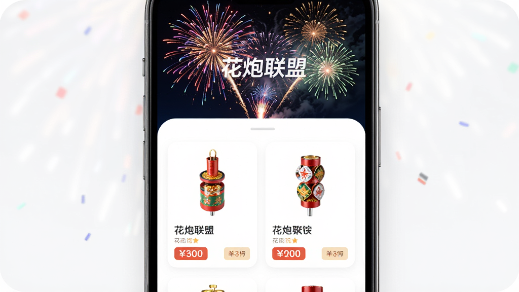��������Ϊ�ֻ���Ļչʾ���������ˡ�Ӧ�ý��棬���涥���в�ɫ�̻����ŵĶ�̬Ч�����·������Ÿ��໨�ڲ�Ʒ��Ƭ�������������Ű��࣬����ִ��Ƽ��У�ϸ�ڰ�����Ʒ������۸��ǩ�����ʸ��壬�ɾ����޶���Ԫ�ء�