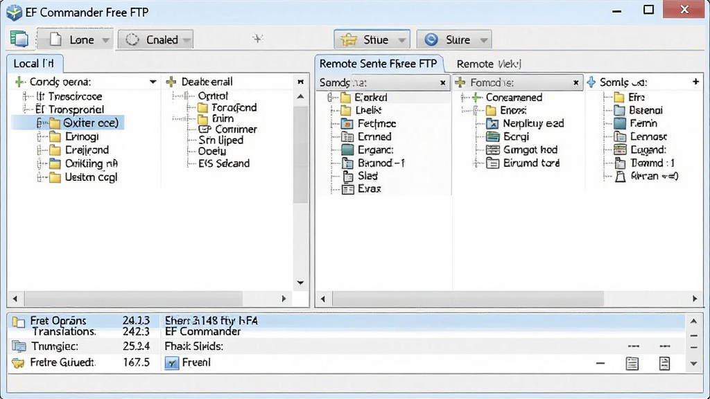 EF Commander Free FTP���ӽ��棬���Ϊ����Ŀ¼���Ҳ�ΪԶ�̷�����Ŀ¼���·���ʾ������У����沼��������������ť��ȷ�����ʸɾ����޶���Ԫ��