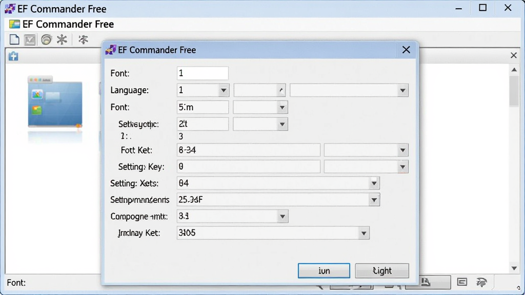 EF Commander Free �ļ������������ý��棬��ʾѡ��Ի��򣬰������ԡ����塢��ݼ���������������������ֺ��������ʸɾ����޶���Ԫ��