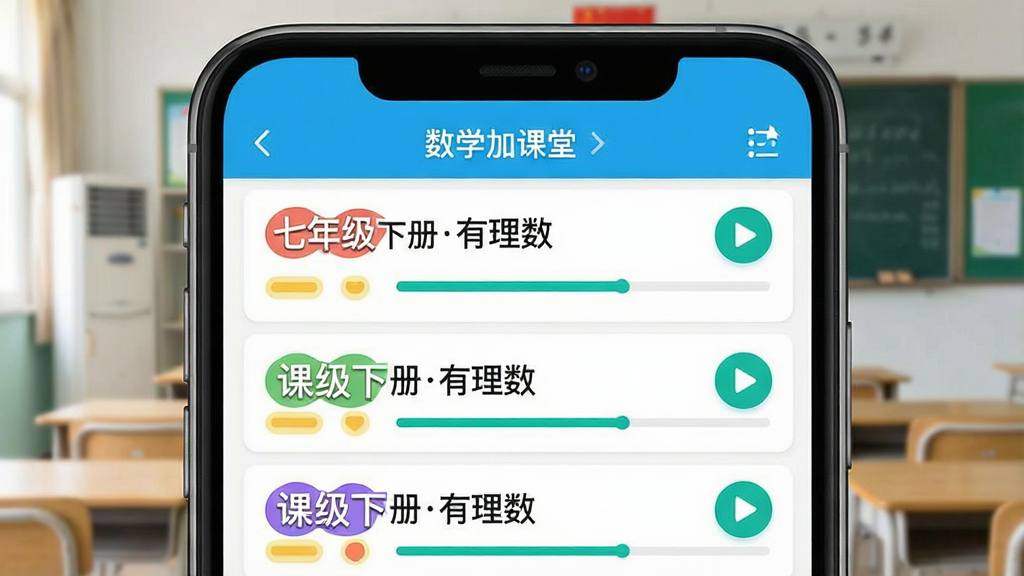 一张展示“数学加课堂”手机APP界面的截图风格图片,主体为手机屏幕,屏幕上列出各年级课程列表,如“七年级下册有理数”,旁边配有播放按钮和进度条,布局采用列表式,风格简洁清晰,色彩明快,细节突出课程分类标签,画质干净,无多余元素