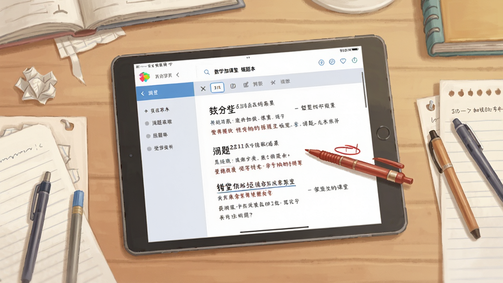 一幅表现“数学加课堂”错题本功能的插画,主体为一张书桌,桌面上放着平板电脑,屏幕显示错题整理页面,有红笔标注痕迹,旁边散落着草稿纸和文具,布局为平视视角,风格写实温馨,色彩柔和,细节体现学习氛围,画质清晰,无多余元素