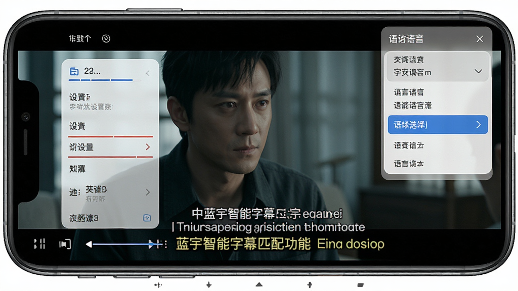 蓝宇智能字幕匹配功能示意图,主体为手机播放电影画面并显示中英双语字幕,布局为字幕在画面下方清晰展示,排版简洁,风格写实,细节包括字幕样式设置菜单与语言选择列表,画质干净,无多余元素