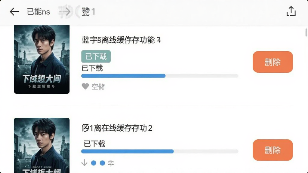蓝宇离线缓存功能界面预览,主体为手机应用下载管理页面,布局显示电影封面、下载进度条与存储空间占比,排版采用列表样式,风格简洁,细节包括“已下载”标签与删除管理按钮,画质干净,无多余元素