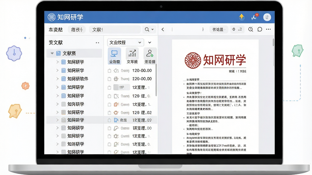 一幅展示知网研学软件界面的高清数字插图,主体为笔记本电脑屏幕上的软件主界面,左侧显示文献目录树,右侧为PDF阅读区,布局清晰,排版整洁,风格为现代扁平化,细节包括文献列表、标注工具图标,画质清晰干净,无多余元素,文字标注