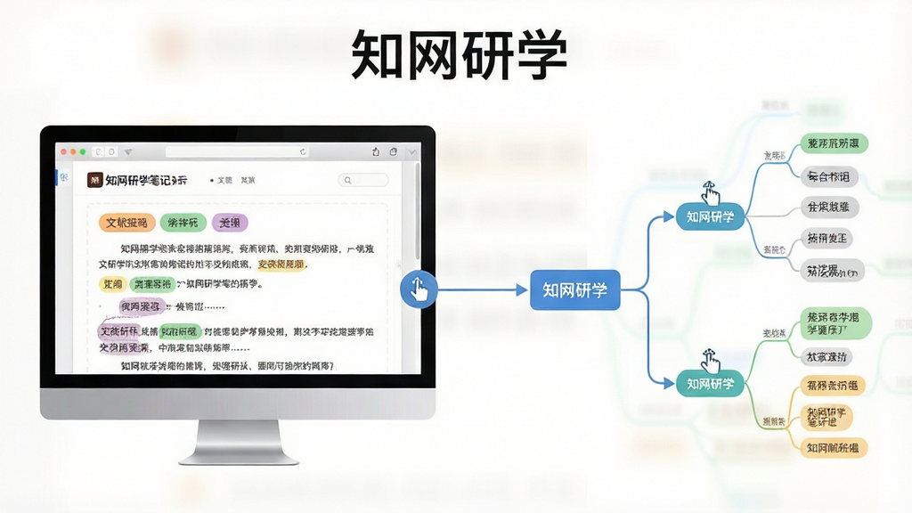 一张展示知网研学笔记功能的示意图,主体为屏幕左侧文献摘录,右侧思维导图节点,两者之间用线条连接,布局为左右联动,排版清晰,风格简洁明快,细节包括彩色标签和拖拽图标,画质干净,无多余元素,主标题