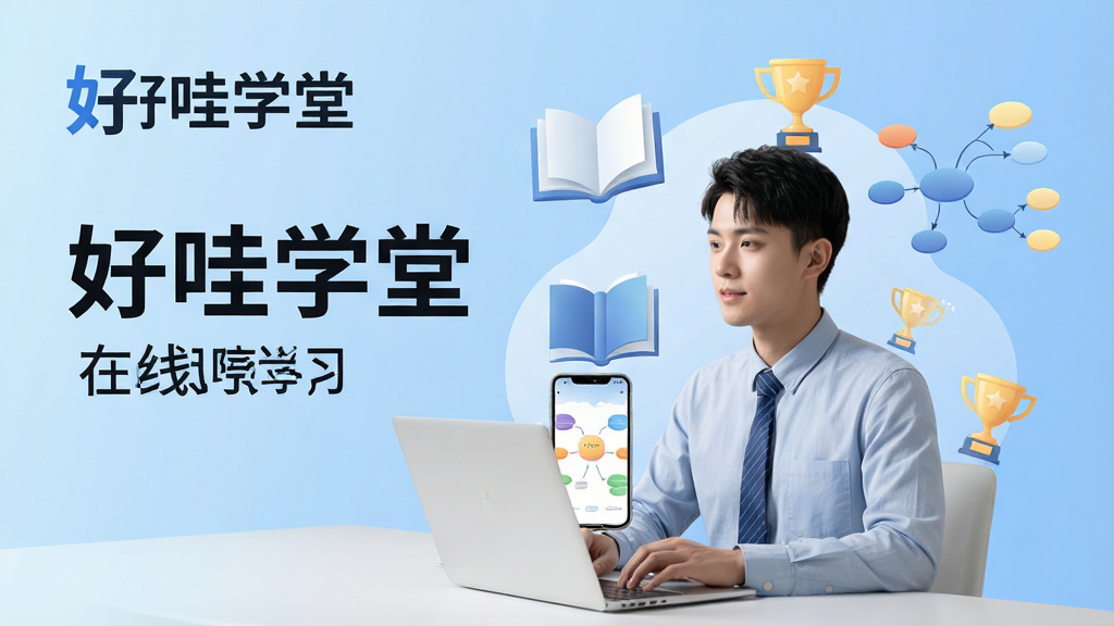 一幅现代简约风格的在线学习平台宣传海报,主体是“好哇学堂”品牌标识与笔记本电脑、手机等设备,画面中央有一位正在专注听课的年轻职场人士,背景为柔和的蓝色渐变,搭配抽象的书本、奖杯、思维导图等知识元素,排版采用左文右图布局,突出“好哇学堂”四个汉字与“在线学习”字样,风格清新明亮,画质高清,干净无多余元素