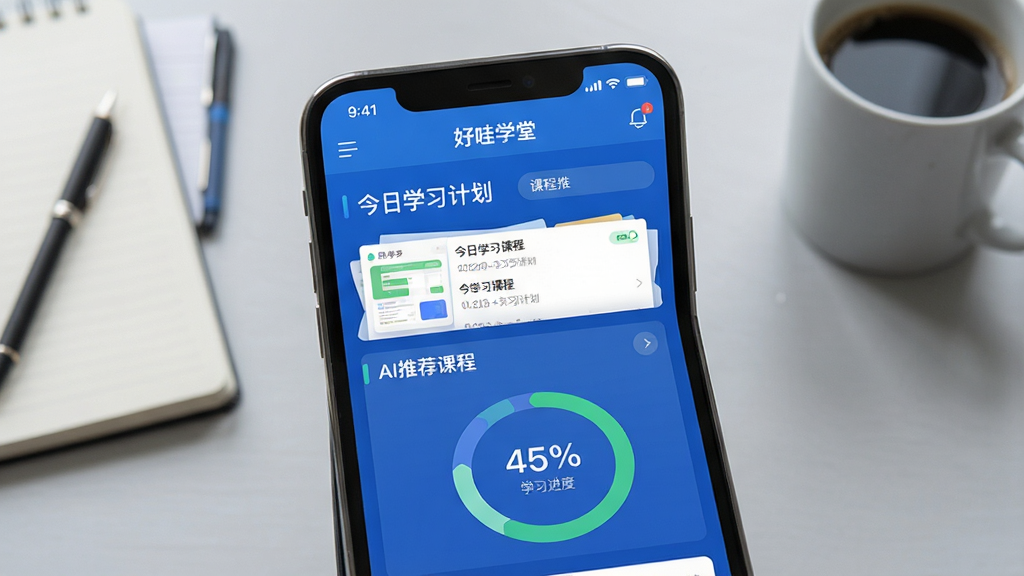 展示“好哇学堂”APP界面的智能学习规划功能,主体为手机屏幕特写,屏幕中显示课程推荐列表与学习进度环形图,背景为浅灰色工作台,摆放着笔记本和咖啡杯,界面以蓝色为主色调,排版采用居中构图,突出“今日学习计划”和“AI推荐课程”文字,风格写实,画质细腻,干净无多余元素