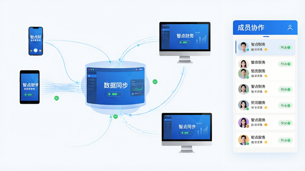 主体:“智点财务”软件的云端协同办公场景,展示多设备同步与团队协作界面。布局:中央为数据同步示意图,周围环绕手机、平板、电脑等设备图标,右侧显示成员协作列表。排版:层次清晰,设备图标排列有序。风格:现代商务,科技蓝主色调。细节:数据流动线条,同步状态图标,成员头像及权限标识。画质:高清,干净,无多余元素。