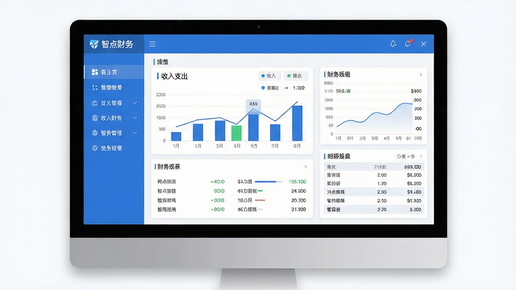 主体:一款名为“智点财务”的财务管理软件界面,显示在电脑屏幕上,界面简洁清晰,包含收入支出图表、财务报表等元素。布局:屏幕中央为软件主界面,左侧为功能菜单栏,右侧为数据展示区域,整体布局合理。排版:界面采用现代扁平化设计风格,色彩以蓝色和白色为主,文字清晰可读。风格:商务专业,科技感强。细节:图表数据展示精准,功能图标精致,窗口边缘有柔和阴影。画质:高清,干净,无多余元素。