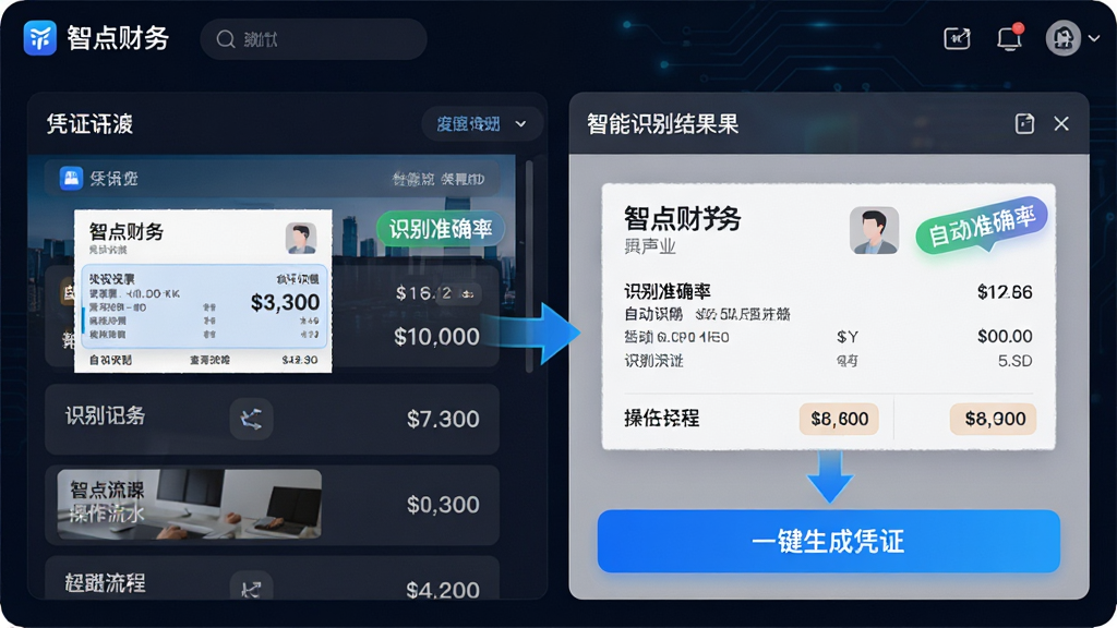 主体:“智点财务”软件的智能记账功能界面,显示自动识别发票和银行流水的过程。布局:左侧为凭证列表,右侧为智能识别结果预览,底部有“一键生成凭证”按钮。排版:信息层级分明,操作按钮醒目。风格:科技感、简洁明快。细节:发票信息高亮显示,识别准确率标签,操作流程箭头引导。画质:高清,干净,无多余元素。