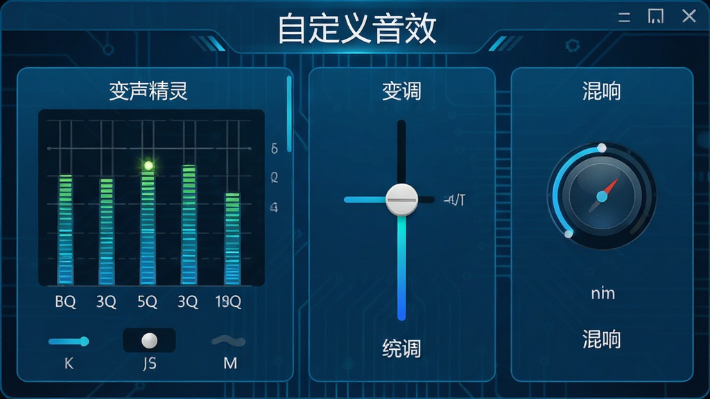变声精灵自定义音效编辑界面截图,显示EQ均衡器、变调滑块、混响调节等参数面板,背景为科技蓝,界面控件排列整齐,标注“自定义音效”文字,画面清晰,细节丰富