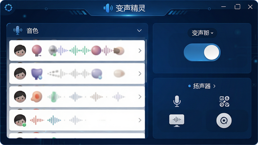 变声精灵软件主界面预览图,展示音色列表、变声开关、麦克风与扬声器设置区域,界面采用深蓝色科技风格,布局清晰,图标精致,文字标签为“变声精灵”,整体画面干净专业,高分辨率,无多余元素