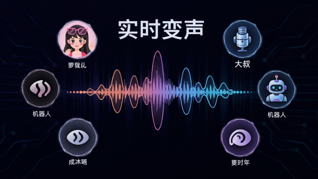 变声精灵实时变声功能示意图,画面中央为声波动态波形,周围环绕多种音色图标,如萝莉、大叔、机器人,标注“实时变声”文字,背景为深色渐变,科技感十足,画质清晰,细节丰富