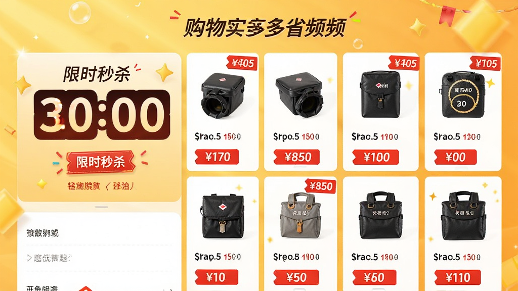购物实惠多多省APP的“限时秒杀”频道页面,倒计时数字醒目,商品图片整齐排列,价格标签用红色突出显示,背景为暖黄色,促销氛围浓厚,风格活泼明亮,画质高清,无多余元素。