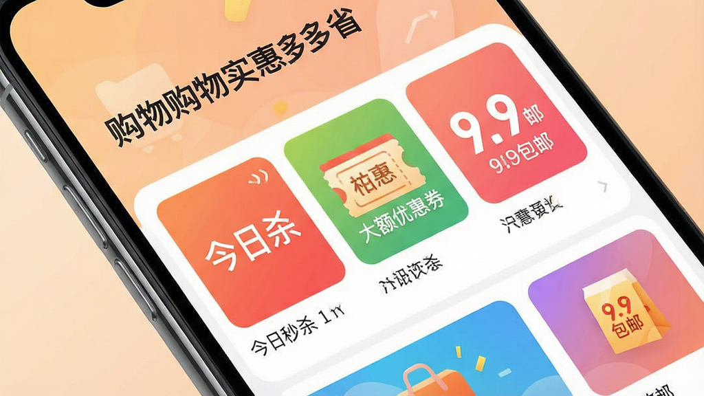一张手机屏幕特写,屏幕上显示“购物实惠多多省”APP主界面,界面有“今日秒杀”、“大额优惠券”、“9.9包邮”等彩色图标模块,背景为柔和的浅橙色渐变,整体布局清晰,现代扁平化设计风格,细节丰富,画质高清,干净无多余元素。