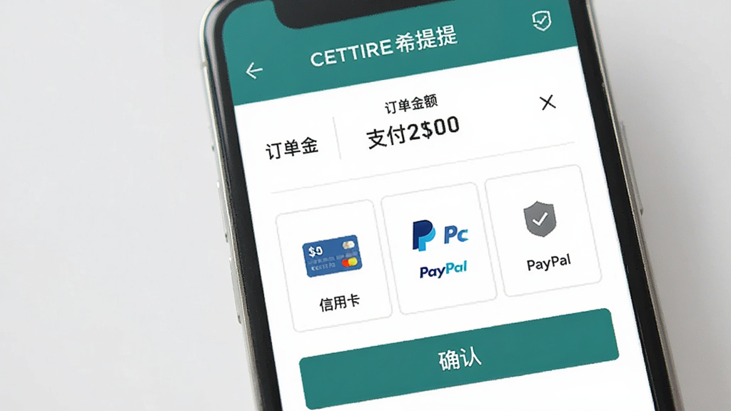 一张展示CETTIRE希提提支付页面的图片,主体为手机界面,布局简洁,显示订单金额、支付方式选择列表(包含信用卡、PayPal等图标),排版清晰,风格安全可信,细节体现“安全支付”标识与确认按钮,画质干净,无多余元素,屏幕内显示文字“CETTIRE希提提”