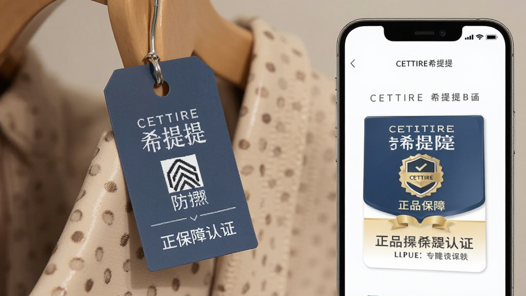 一张展示CETTIRE希提提正品保障认证的图片,主体为挂有防伪标签的时尚商品,旁边有手机屏幕显示CETTIRE希提提的认证标识,布局为商品特写与手机界面并排,排版精致,风格高端可信,细节体现“正品保障”字样与官方认证图标,画质高清,无多余元素
