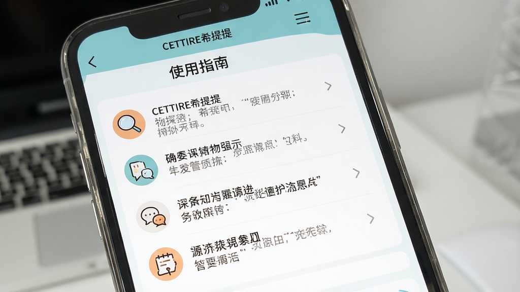 一张展示CETTIRE希提提APP使用教程的配图,主体为手机屏幕显示“使用指南”页面,布局为步骤列表形式,配有图标指示,排版清晰易读,风格友好实用,细节体现每一步的操作要点,画质干净,无多余元素,屏幕内显示文字“CETTIRE希提提”