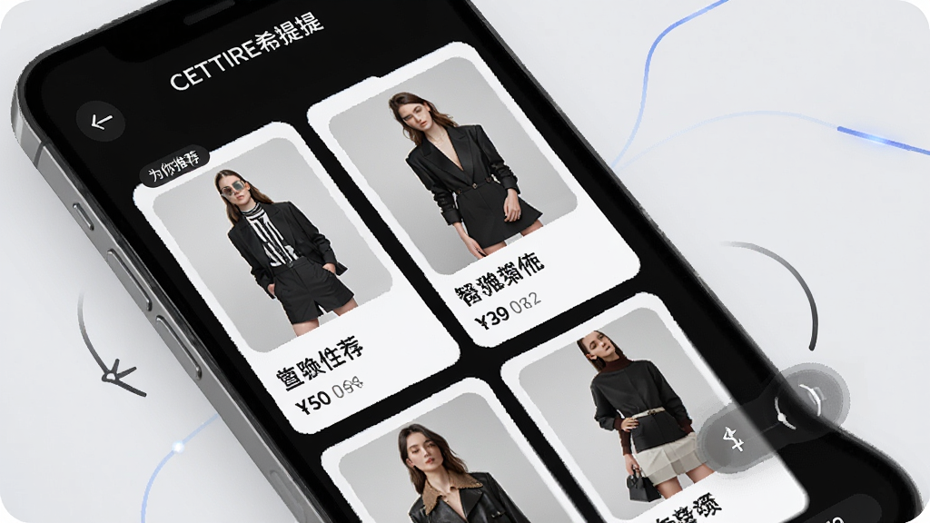 一张展示CETTIRE希提提智能推荐功能的界面图片,主体为手机屏幕,布局为信息流形式,展示一系列根据用户偏好推荐的时尚单品卡片,每张卡片包含商品图片、名称与价格,排版错落有致,风格现代科技感,细节体现“为你推荐”标签与滑动操作提示,画质清晰,无多余元素,屏幕内显示文字“CETTIRE希提提”