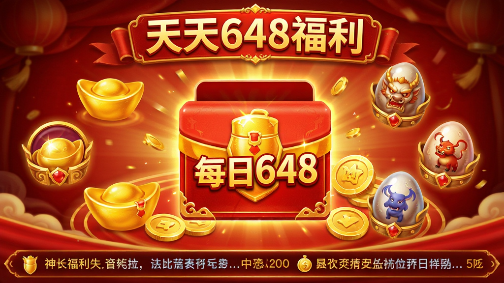主体:游戏福利界面,显示“每日648”礼包图标,周围有元宝、金币、神兽蛋等奖励元素,布局:界面居中,礼包图标突出,周围环绕奖励图标,排版:上方标题“天天648福利”,下方滚动公告,风格:喜庆红色调,金碧辉煌,细节丰富,画质:4K高清,干净无多余元素